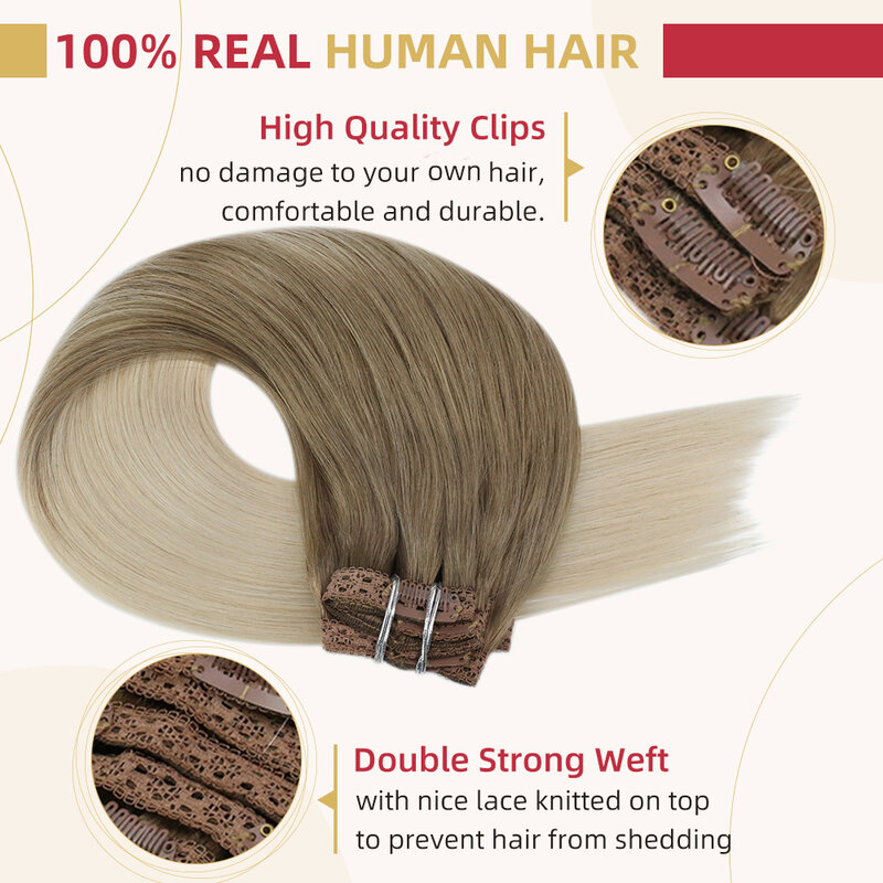 Moresoo-Extensions de cheveux à clipser, 100% vrais cheveux humains Remy, extension de cheveux brésiliens soyeux et raides, extension de cheveux blonds Balayage