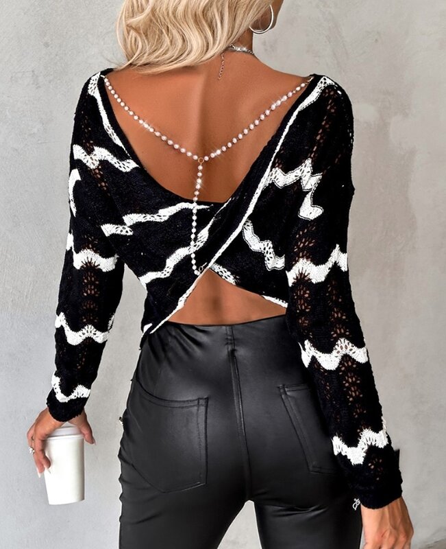 Autumn Striped Pearls Chain Twisted Backless Knit Sweater Temperament Commuting Women's Fashion Long Sleeve Knitted Pullover