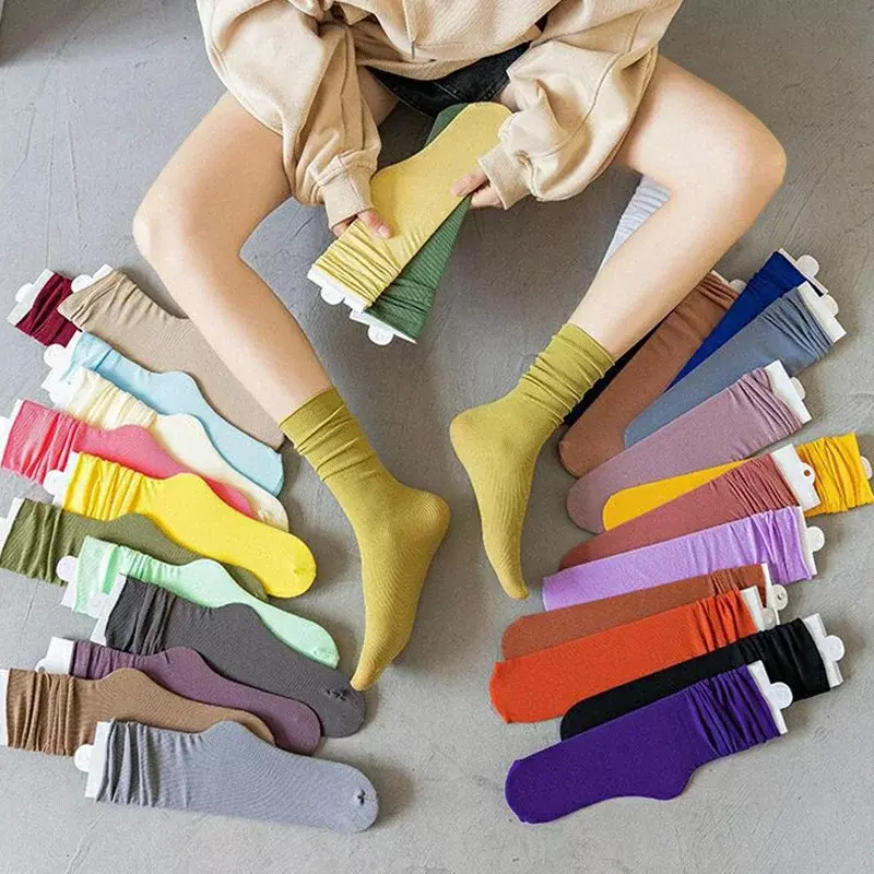 Kaus kaki panjang imut untuk wanita, kaus kaki katun longgar setinggi Harajuku sekolah Jepang warna polos, kaus kaki rajut bergaris-garis untuk wanita isi 5 pasang