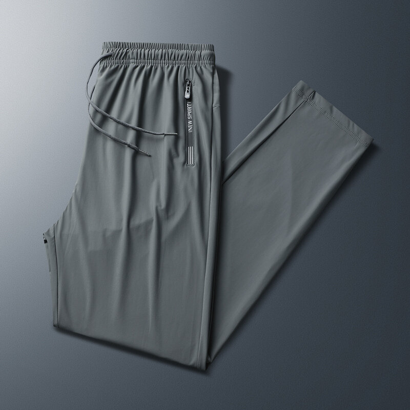 Pantalones elásticos de verano para hombre, pantalón informal holgado de talla grande, cintura elástica con cremallera, seda de hielo, negro y gris, de secado rápido