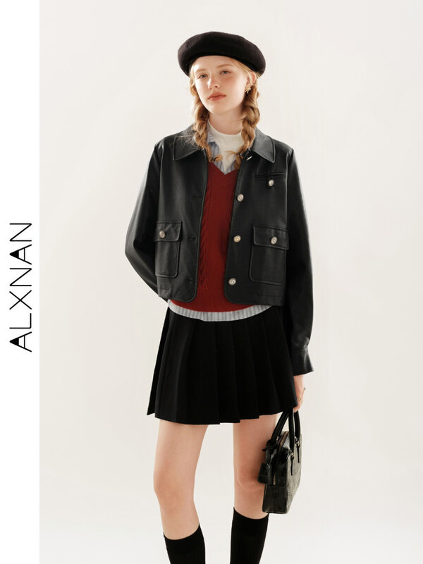 ALXNAN Vintage Women Pu Jacket High Street 2024 Fashion Lapel Oversize Faux Leather Coats Casual Cropped Outerwear TM00510