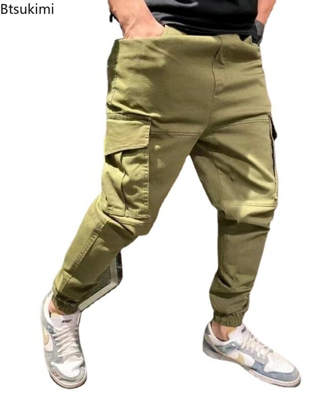 Pantalones Cargo informales para hombre, pantalón largo con cordón y diseño multibolsillos, holgado, de algodón puro, 2024