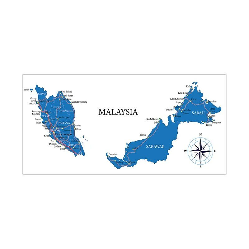 120*60 سنتيمتر ماليزيا خريطة الإدارية باللغة الإنجليزية الجدار ملصق فني وطباعة غير المؤطرة قماش اللوحة غرفة المعيشة ديكور المنزل