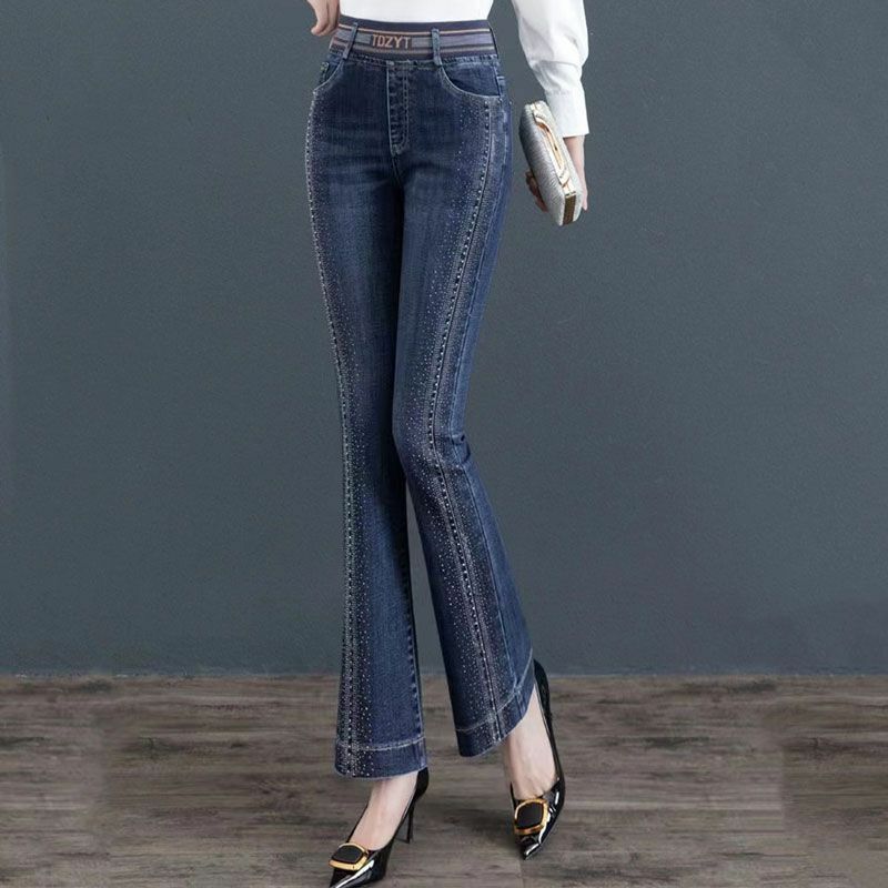 Korean Fashion Simple Elegant High Waist Micro Flared Jeans Women Embroidery Sequined Diamond Casual Versatile Straight Trousers