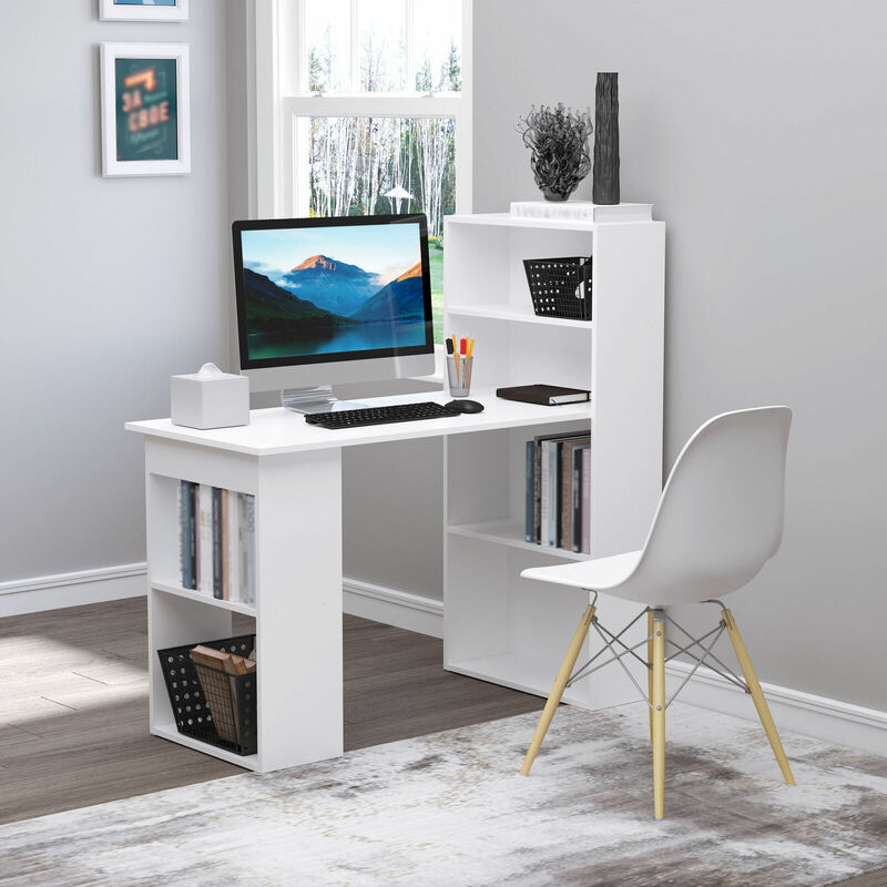 Современный стол для дома и офиса 47 дюймов с 6-уровневыми полками, белый письменный стол с книжной полкой