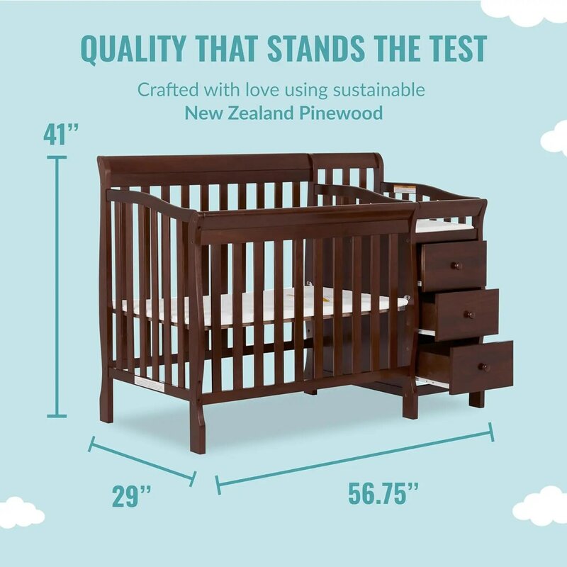 Tempat tidur bayi dan pengganti dalam Espresso, bersertifikat Greenguard emas, hasil akhir tidak beracun, Pinewood Selandia Baru, bantalan kasur 1"