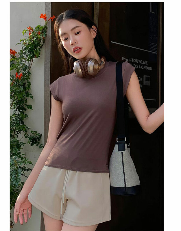 Kaus atasan seksi musim panas baru kaus elastisitas wanita pakaian wanita gaya Korea kaus ramping atasan lengan pendek Skinny wanita