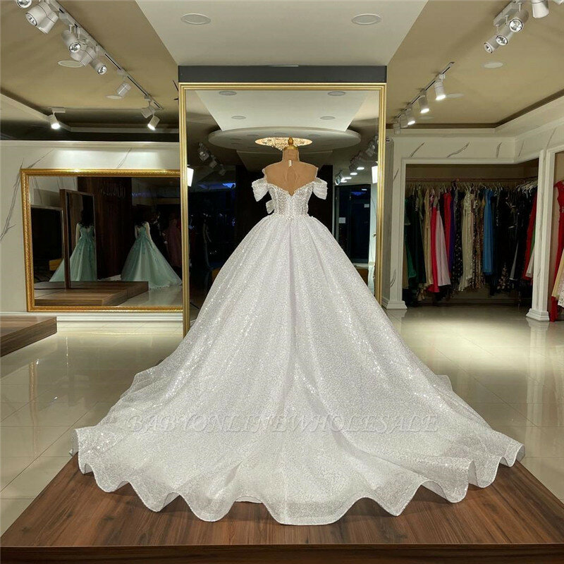 Luxo lantejoulas drapeado vestido de noiva requintado fora do ombro v-neck a-line vestido de casamento com trem de varredura robe de mariee