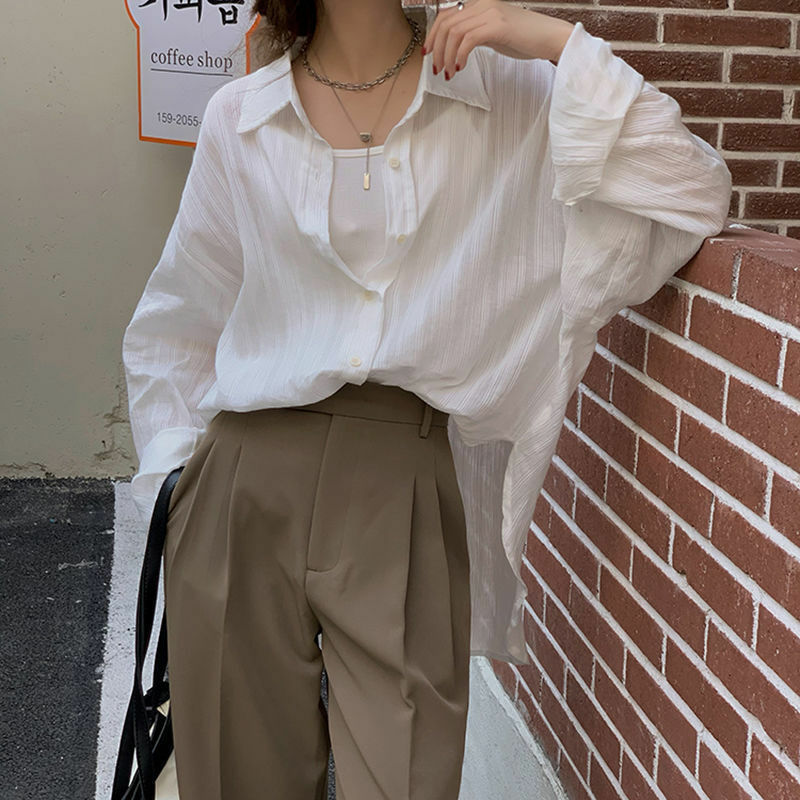Deeptown kemeja lengan panjang putih wanita muda blus kebesaran Vintage elegan Mode Korea Atasan Wanita kantor musim panas