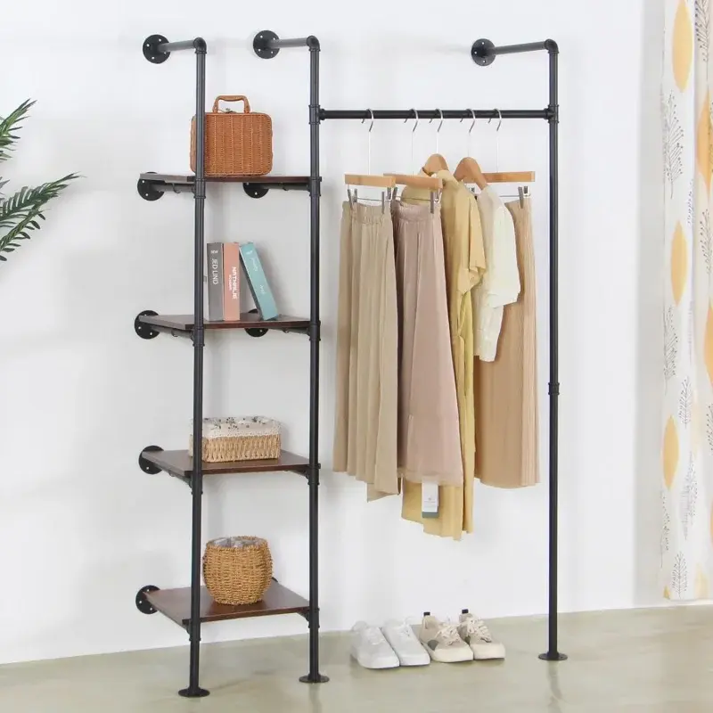 Industrial Pipe Clothing Rack with Shelves, 71inch Wall Mounted Closet Storage Rack,Hanging Clothes Retail Display Rack, Garment