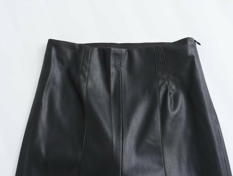 Pantalones de piel sintética con parte inferior delgada para Mujer, pantalones Vintage de cintura alta con cremallera lateral, decoración de hilo, sólido, nueva moda