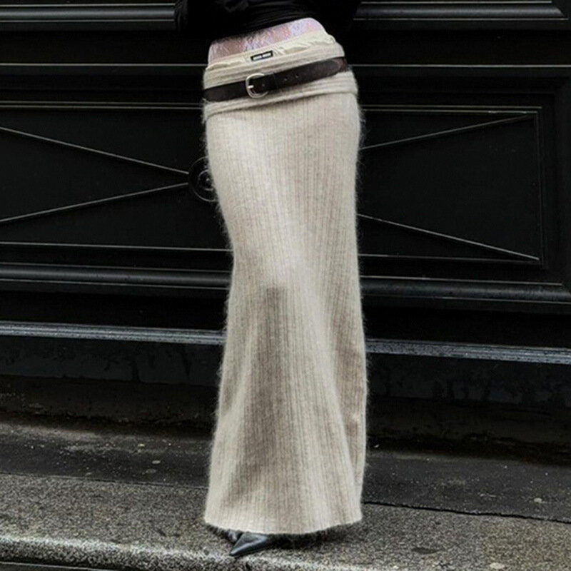 Осенне-зимняя вязаная юбка, модная прямая Длинная юбка с низкой посадкой в уличном стиле для женщин, y2k, винтажная Женская одежда в стиле Харадзюку