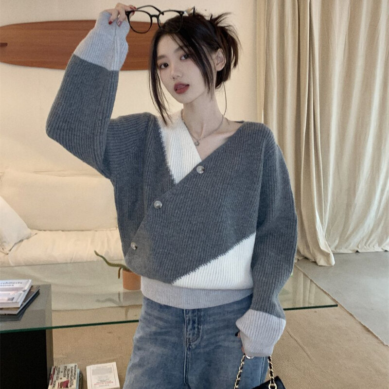 Pullovers Women Design Chic Loose Fit Korean Style Panelled Diagonal Button All-match Gentle Trendy Knitted Autumn Tops Y2k Ins