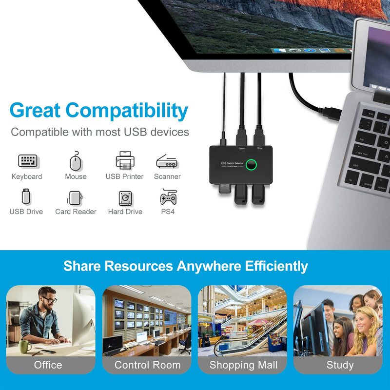 USB 3.0 KVM Switch, 2 Computadores, Share 4, Switcher para PC, Mouse, Teclado, Scanner de impressoras, Windows compatível, Mac, Linux