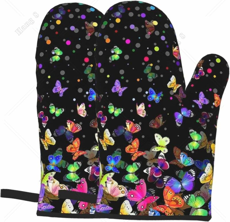 Sarung tangan Oven kupu-kupu warna-warni sarung tangan tahan panas untuk wanita memasak memanggang memanggang BBQ Microwave Halloween Natal satu ukuran