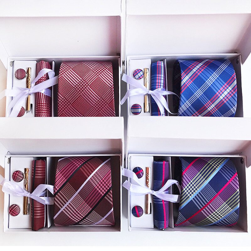 High-quality 8cm Business Ties For Men Handkerchief Cufflink Set Tie Clips Black Necktie Wedding Gift Box Gravatas Accessories