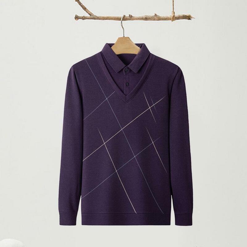 남성용 폴리에스테르 니트 스웨터, 중년 남성 비즈니스 스웨터, 패치워크 줄무늬, 단추 달린 옷깃, 가을 및 겨울, 두껍고 따뜻한