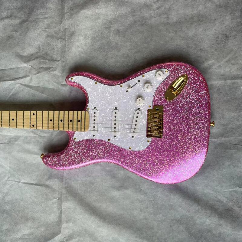 Electric guitar with 6 strings, pink particle body, maple fingerboard, maple track, real factory pictures, can be shipped with a