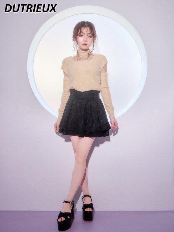Japanese Black Pleated Skirt Women Composite Lace Dark Pattern Radian High Waist Mini Skirt Spring Summer New Girl Lolita Skirts