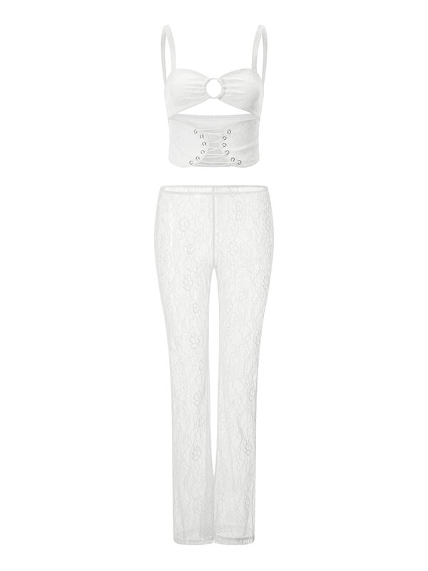 CHQCDarlys женский сексуальный комплект из 2 предметов кружевные брюки Y2K прозрачный топ без рукавов с длинным рукавом и длинные брюки комплект одежды из двух предметов