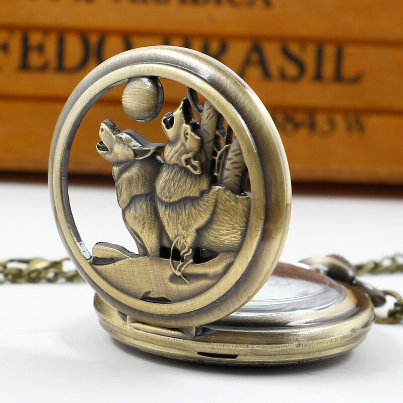 كول الذئب منحوتة الجوف كوارتز ساعة الجيب للرجال النساء شخصية خمر قلادة قلادة الهدايا مع سلسلة