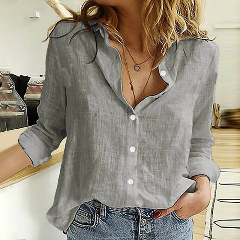 Camisas elegantes de lino y algodón para mujer, camisa holgada informal de Color sólido con botones y cuello vuelto, manga larga, Tops