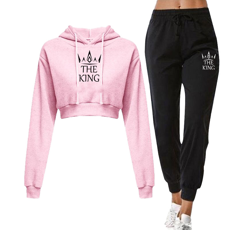 Women's Set Sexy Printing Casual Long Sleeve Hooded Short Sweatshirt Flat Corner Top Pullover and Sweatpants Two Piece Set