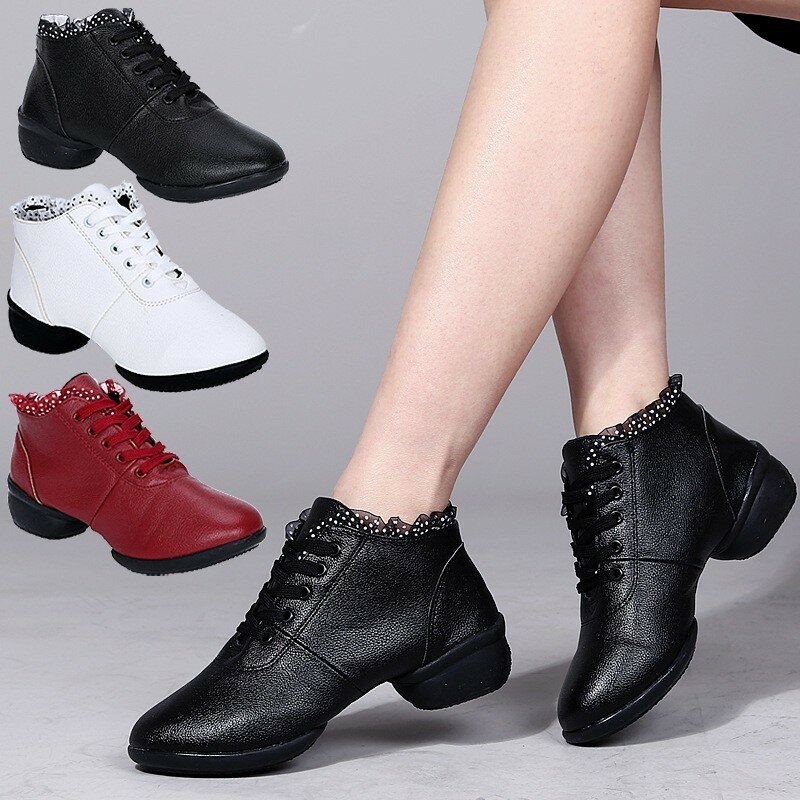 Leather Square White Dance Shoes Women's Comfortable Soft Sole Mid Heel Performance Breathable Mesh Non Slip Rubber Sole