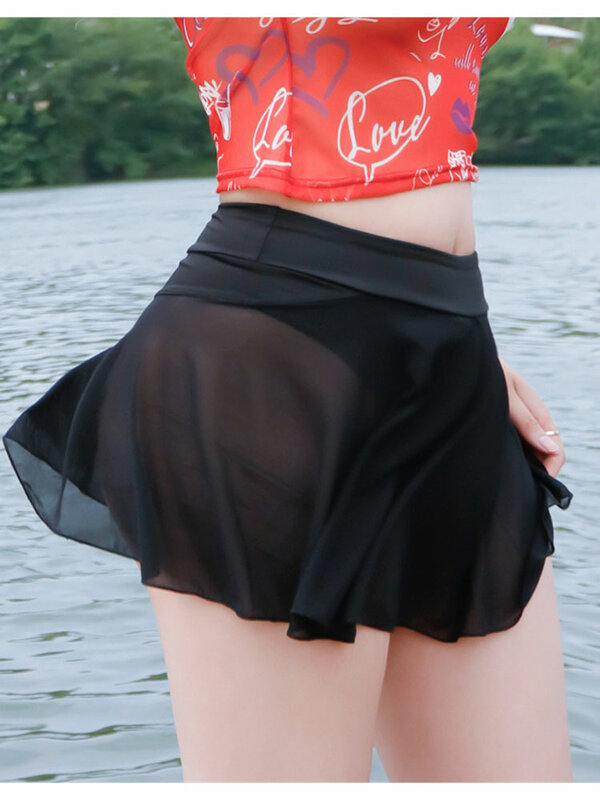 Rok Thong wanita musim panas berpinggang tinggi rok di atas lutut A-Line rok mini jala tipis pakaian wanita