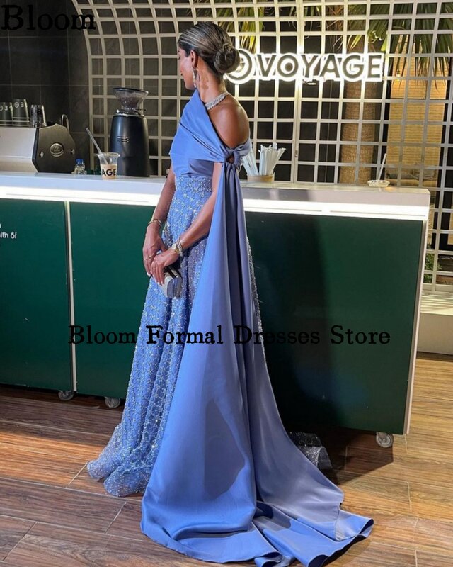 Bloom Glittery Sequins Tulle Prom Dresses Off Shoulder Satin A-line Luxury Evening Dresses Wedding Party Gown Free Shipping