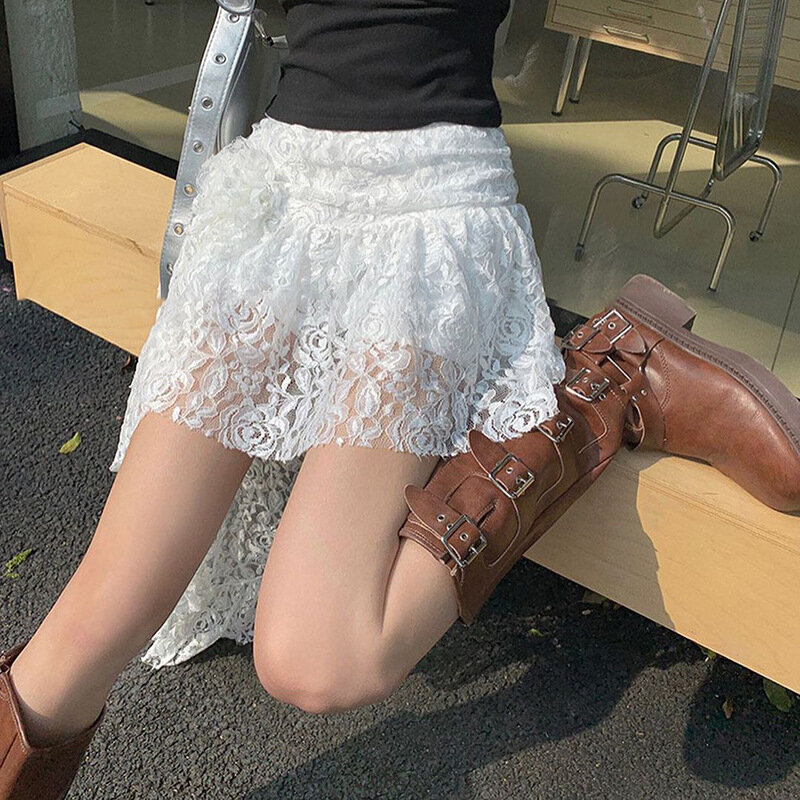 Rok renda mode TARUXY untuk wanita rok pendek musim panas gadis panas Y2K rok perca putih tembus pandang seksi tidak beraturan dek ganda