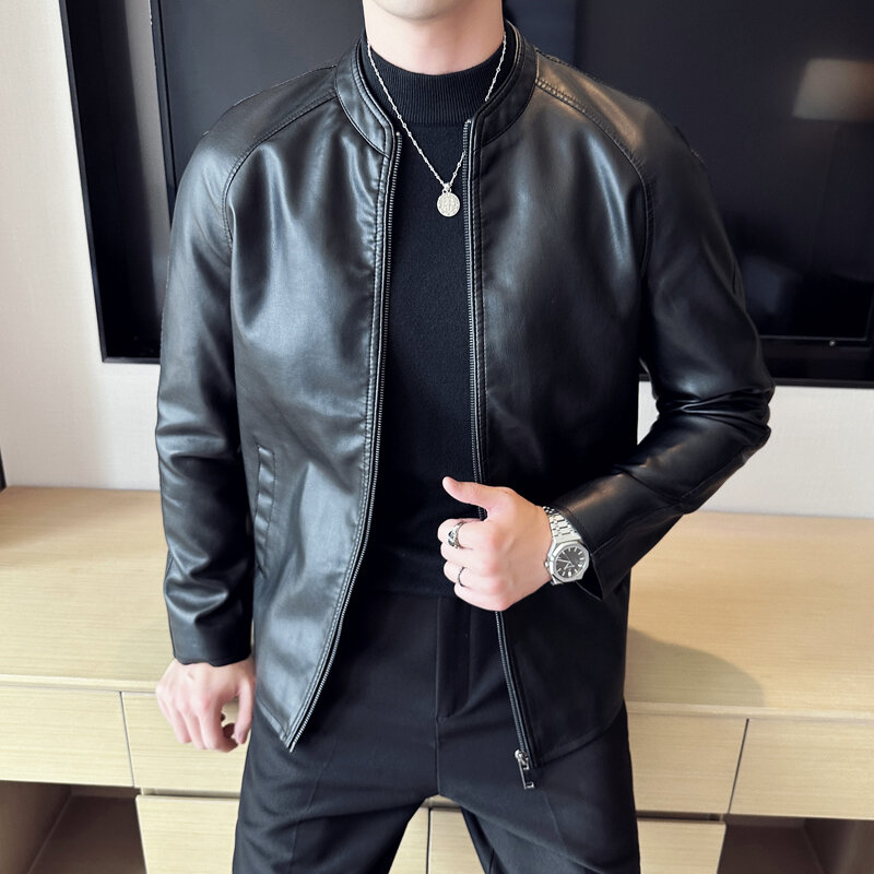 Jaket kulit hitam pria, versi Korea modis slim fit jaket bomber sepeda motor mantel kepribadian pakaian pria
