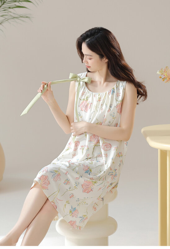 Vestido de camisola estampado floral feminino, conjunto de pijama princesa, loungewear, vestido casual, moda feminina, sexy, estilo coreano, verão