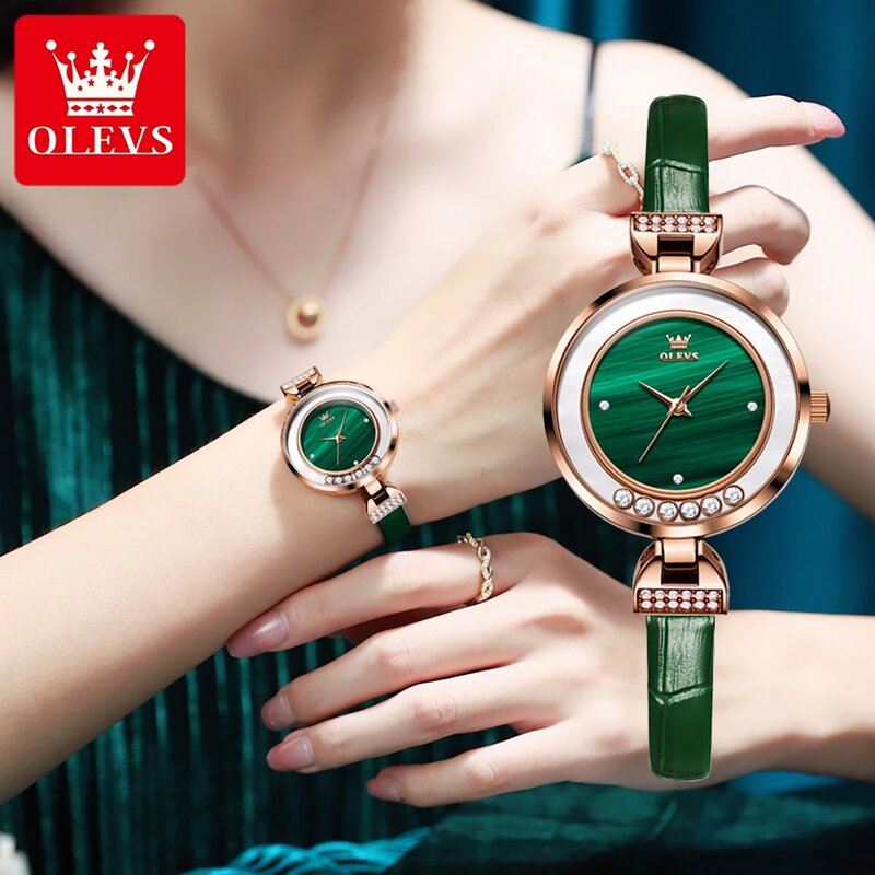 OLEVS Top Brand Women's Watches Fashion Casual Quartz Wristwatch Elegant Green Leather Waterproof Simple Dress Watch for Woman