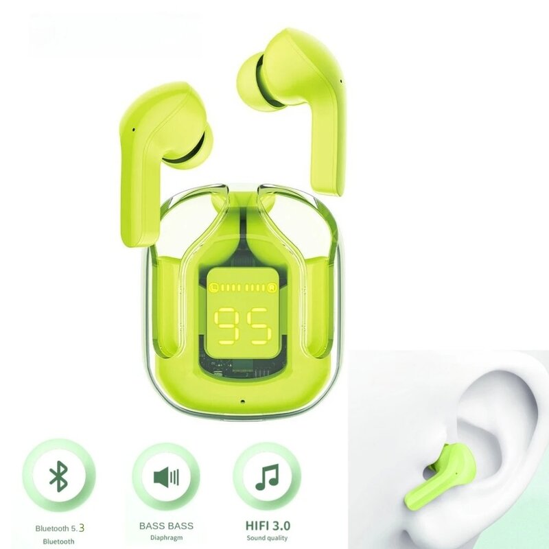 Transparente sem fio Bluetooth Earbud, cancelamento de ruído fone de ouvido estéreo, display digital, carregamento caso, jogos à prova d'água