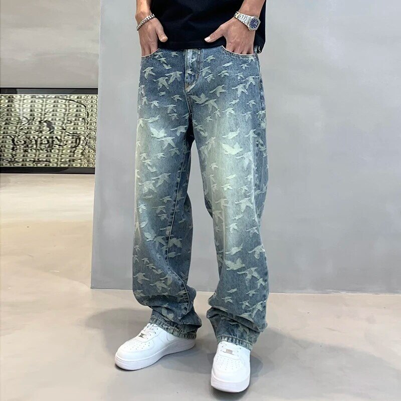 Jeans Jacquard com estampa completa masculina, rua alta, design de marca da moda, sentindo, solto, tubo reto, lavado, perna larga, calça casual, novo