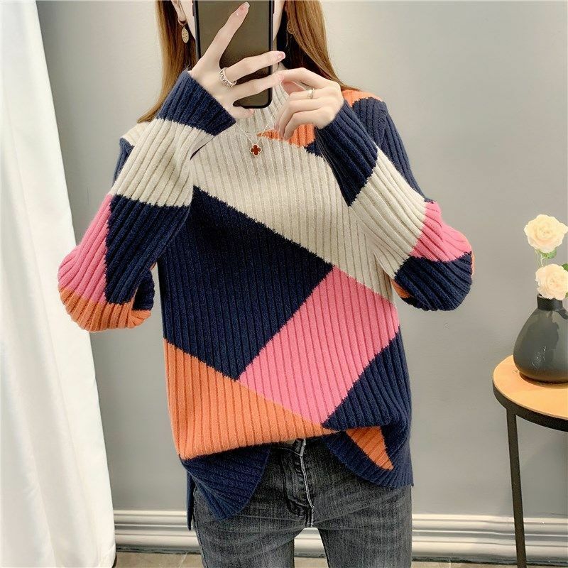 Women Half Turtleneck Jumper Sweater Ladies 2022 Winter Clothes Pullover Korean Fashion Knit Warm Long Sleeve Solid Splicing Top