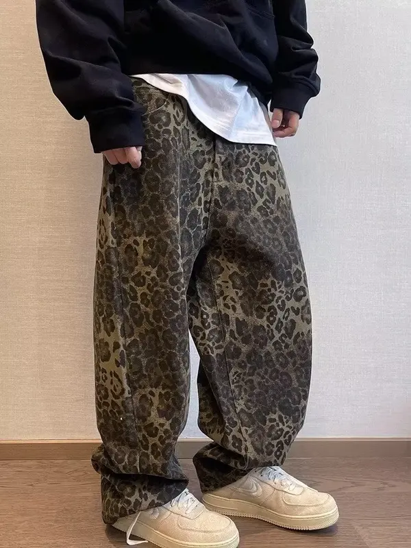 Pantalones vaqueros de leopardo bronceado para hombre, pantalones de mezclilla de gran tamaño, pantalones de pierna ancha, ropa de calle, ropa Vintage de Hip Hop, ropa suelta informal
