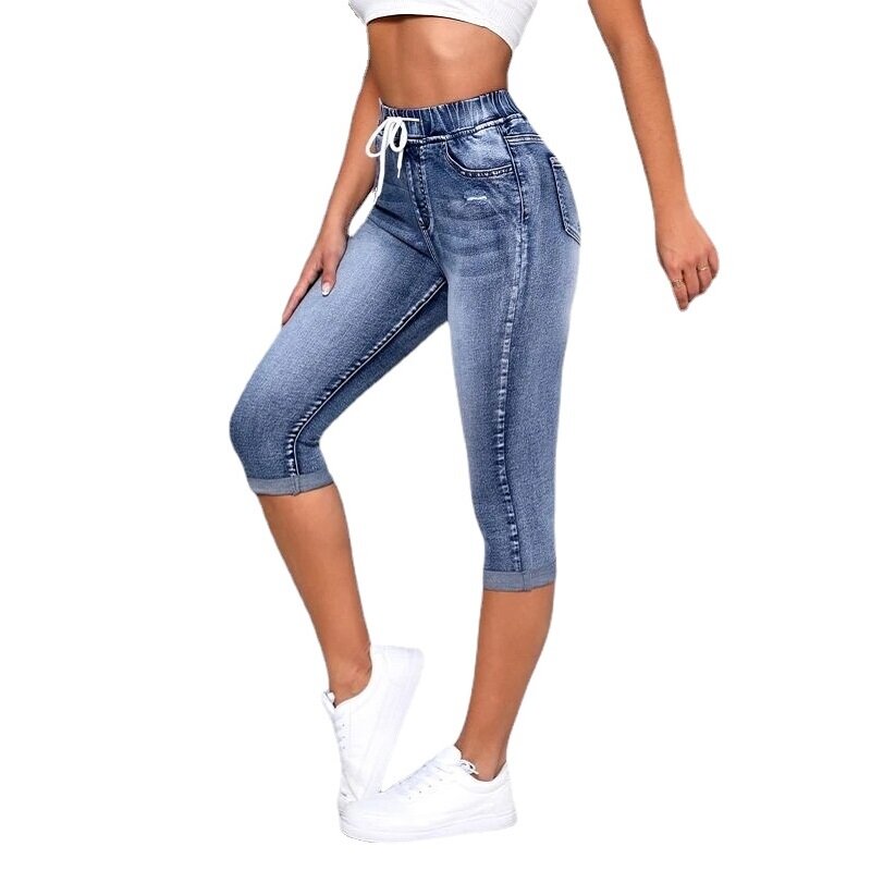 Celana Jeans Denim wanita, celana jins pendek serut pinggang tinggi regang sampai lutut