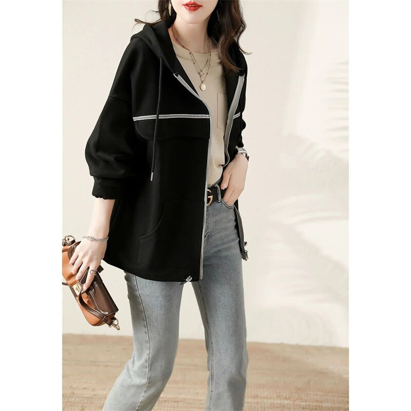 2022 Spring Sweater Women Hooded Cardigan Loose And Lazy Style All-match Fashion Jacket Female New Zipper Solid Color Coat Awch