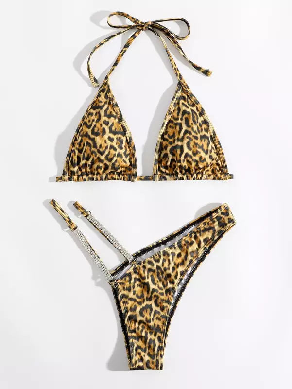 Thong Bikinis 2024 Women Sexy Triangle Swimsuit Diamond Swimwear Female Jewelry Bathing Swimming Suit Beachwear Leopard