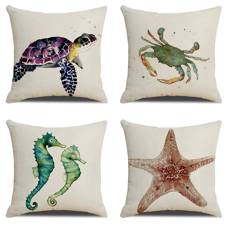 Marine Animal Seahorse Turtle Starfish Print Soft Square Pillowslip Linen Blend Cushion Cover Pillowcase Living Room Home Decor