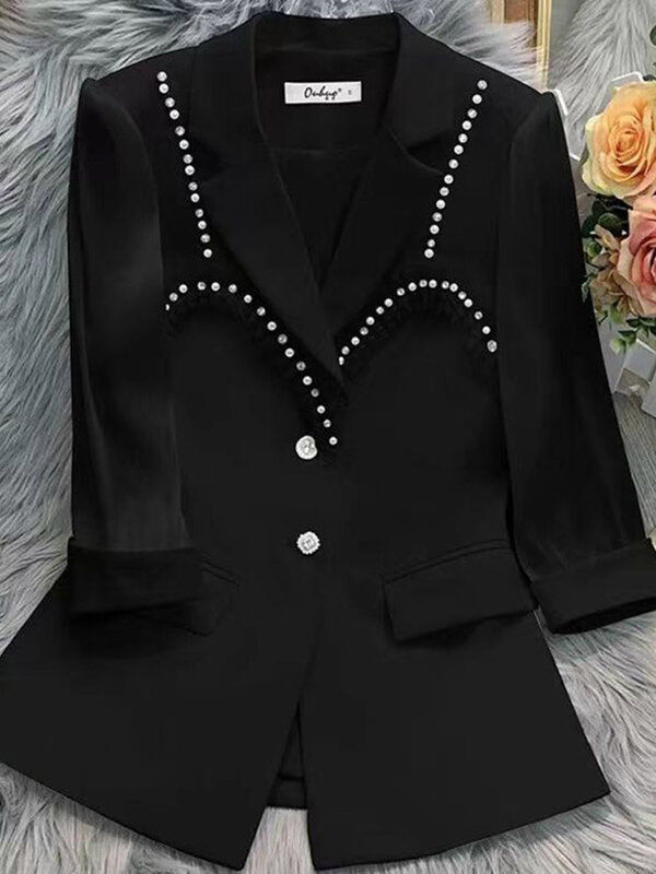UNXX Blazer Women 2024 Spring Summer New Fashion Single-breasted Beading White Suit Coat Three Quarter Sleeve Slim Small Blazers