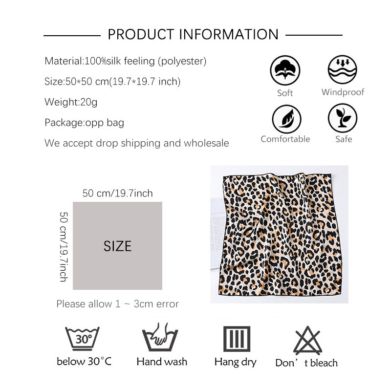 Petit Foulard de cheveux en soie pour femmes, carré, 50cm, Bandana doux, imprimé léopard, bandeau, cravate, 2022