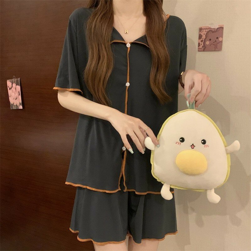 Sommer Frauen Pyjamas setzt Kurzarm Tops Shorts zweiteilige Lounge wear Kawaii Kleidung Cardigan Nachtwäsche y2k weichen koreanischen Anzug