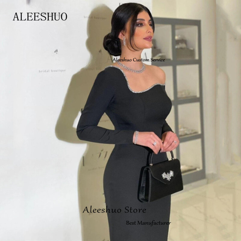 Aleeshuo-非対称の人魚のイブニングドレス,クラシックなスパンコール,長袖,プロムのイブニングドレス,黒の裸のドレス,2024