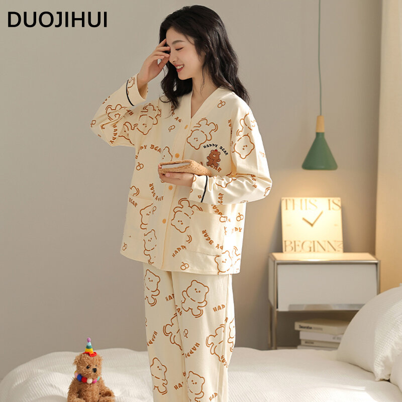 Duojihui-女性用2ピースパジャマセット、Vネックカーディガン、チェストパッド付きベーシックパンツ、カジュアルファッション、ピュアカラー、新品