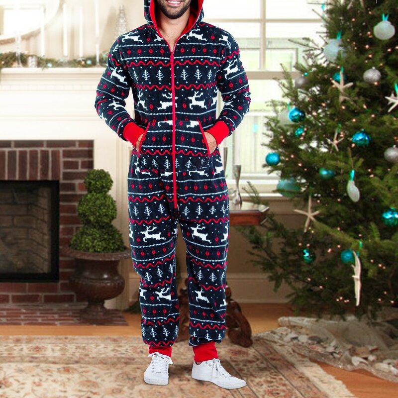 남성용 크리스마스 잠옷 점프수트, 따뜻한 오버올 롬퍼, 두꺼운 후드 잠옷, 지퍼 프린트, 느슨한 원지 홈웨어, 겨울