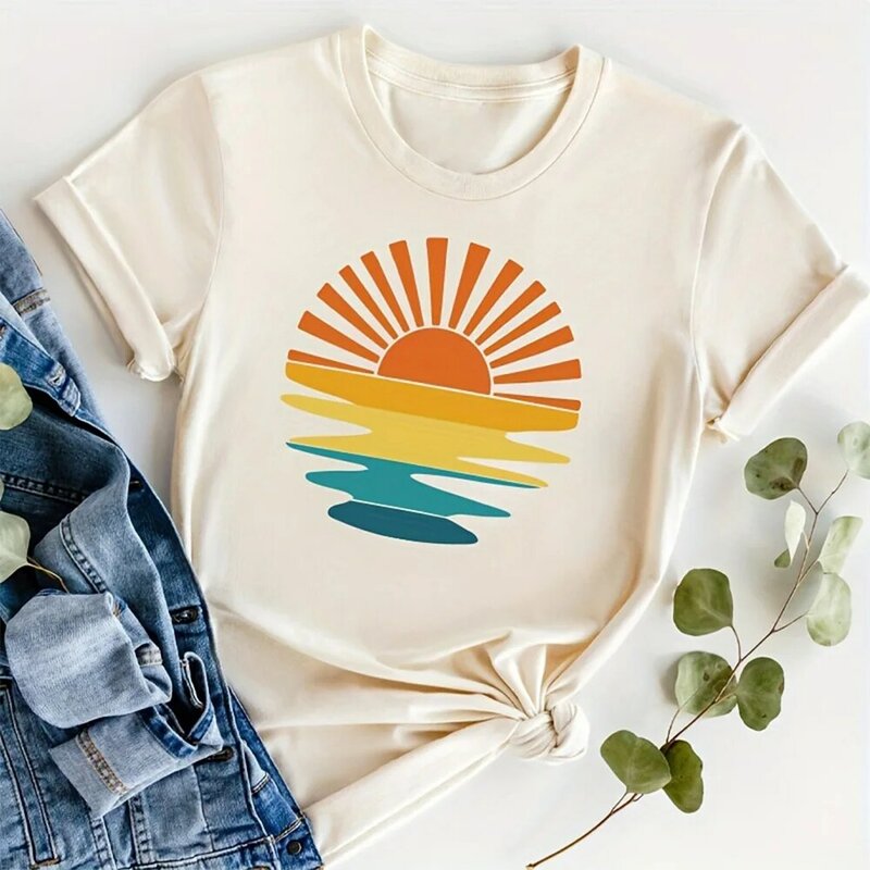 Женская модная свободная футболка, удобный топ с круглым вырезом, модная женская футболка с принтом и коротким рукавом