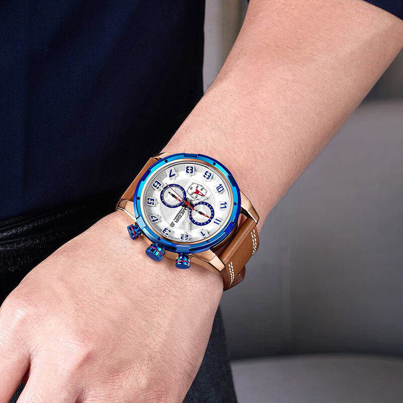 MEGIR-Montres à quartz de sport étanches pour hommes, montres-bracelets chronographe en cuir, 2062,2081,2082,2076,2103,2094,2070